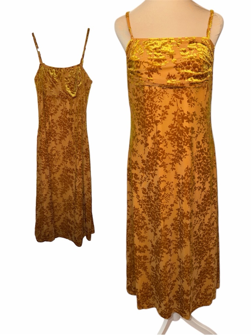 Beautiful Golden Yellow Floral Velvet midi length Slip Dress size M